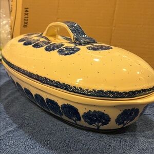 Polish Pottery Blue and Cream Ceramic Covered Dish